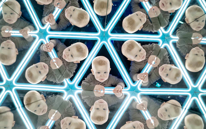 Child exploring mirrored exhibit at the World of Illusions.