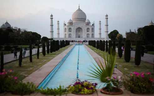 Taj Mahal view with reflecting pool, part of same day tour from Jaipur to Agra.