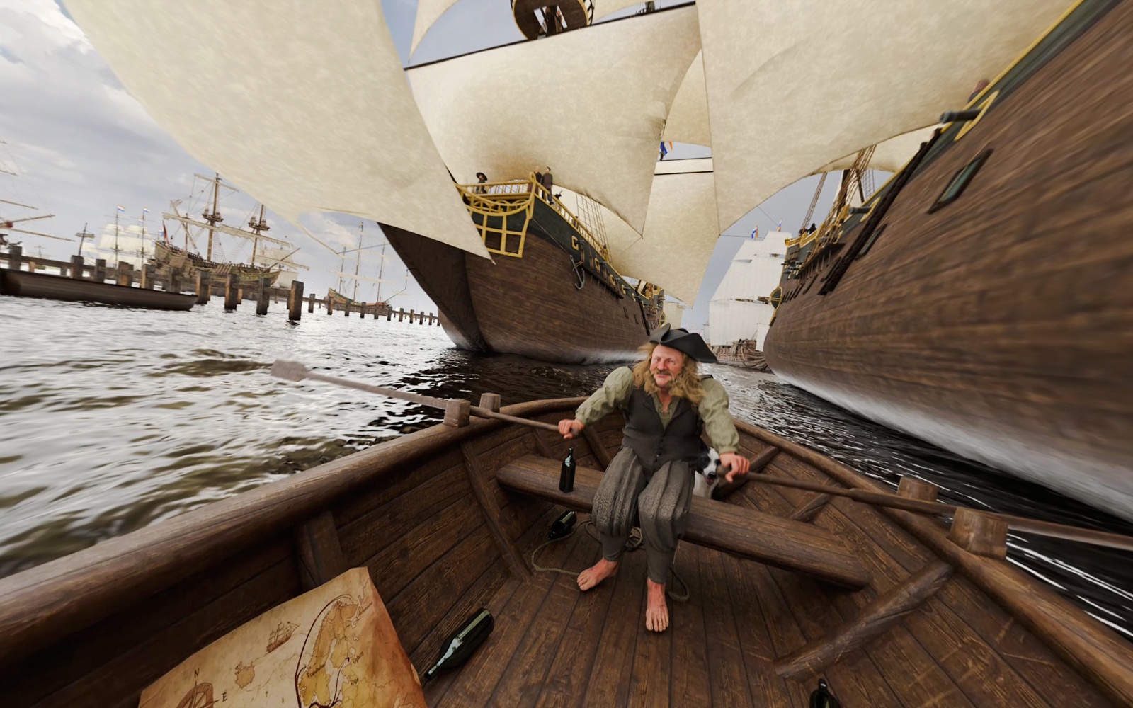 VR experience of a historic boat tour in Amsterdam with a sailor rowing near large ships.