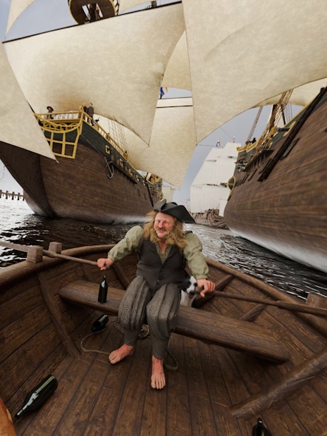VR experience of a historic boat tour in Amsterdam with a sailor rowing near large ships.