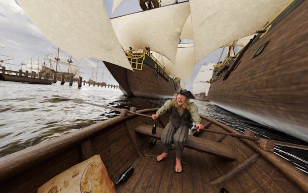 VR experience of a historic boat tour in Amsterdam with a sailor rowing near large ships.