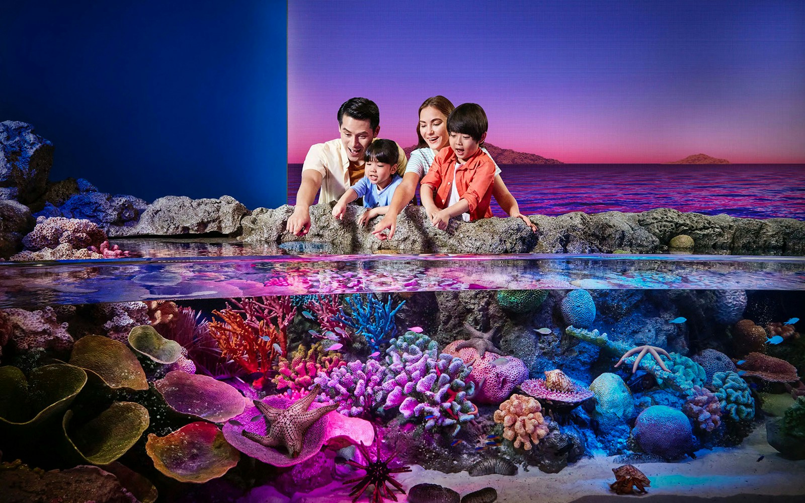 Tourists exploring vibrant rock pools at Sea Life Bangkok.