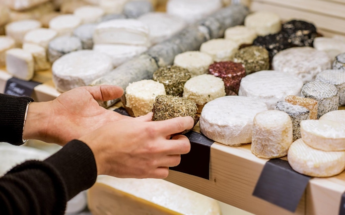 Hands selecting cheese at a market in Zaanse Schans, Netherlands.