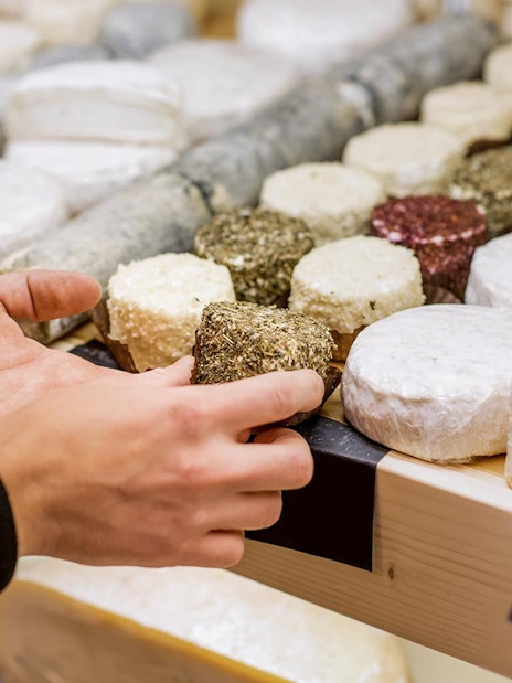 Hands selecting cheese at a market in Zaanse Schans, Netherlands.