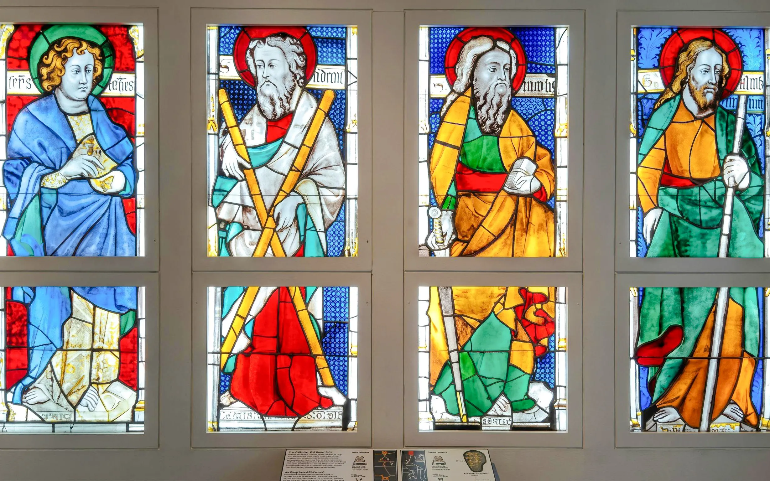 Stained glass windows depicting religious figures at Carnavalet Museum, Paris.
