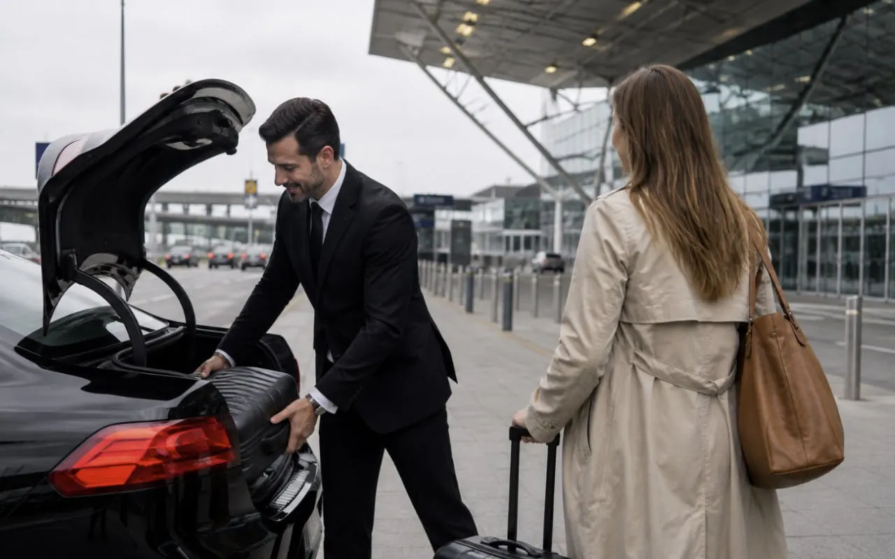 Man loading luggage into car trunk at Budapest airport transfer.