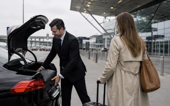Man loading luggage into car trunk at Budapest airport transfer.