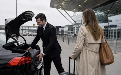 Man loading luggage into car trunk at Budapest airport transfer.