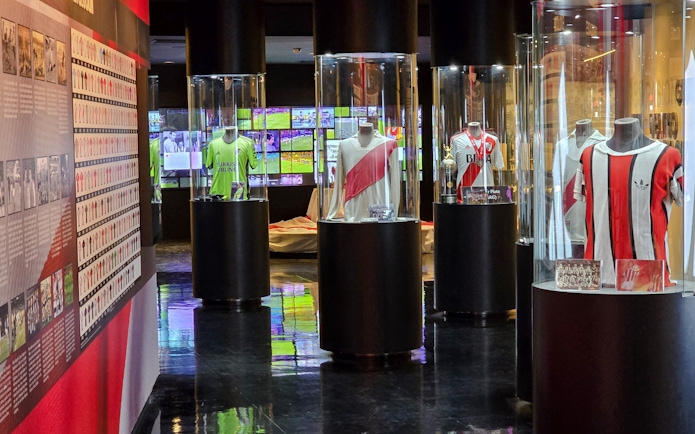 River Plate Museum exhibits jerseys and memorabilia at Estadio Mâs Monumental, Buenos Aires.