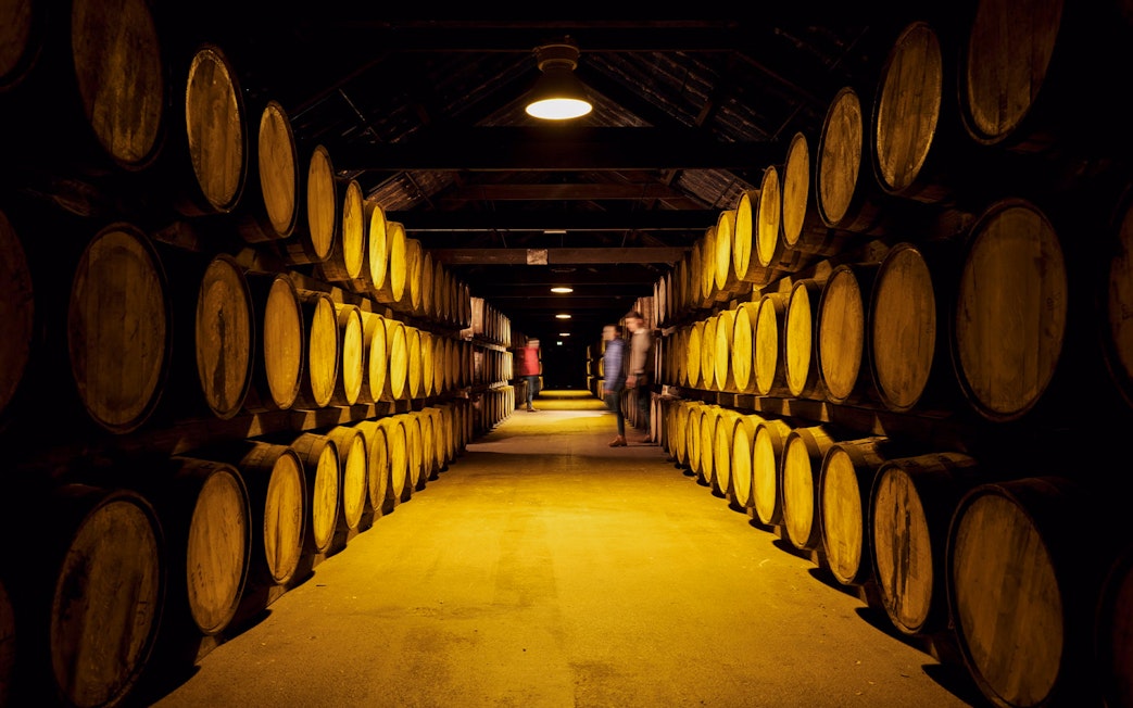 Barrels aging whiskey in Midleton Distillery maturation warehouse, Ireland.