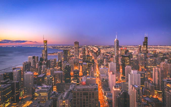 Chicago skyline at sunset from Willis Tower Skydeck.