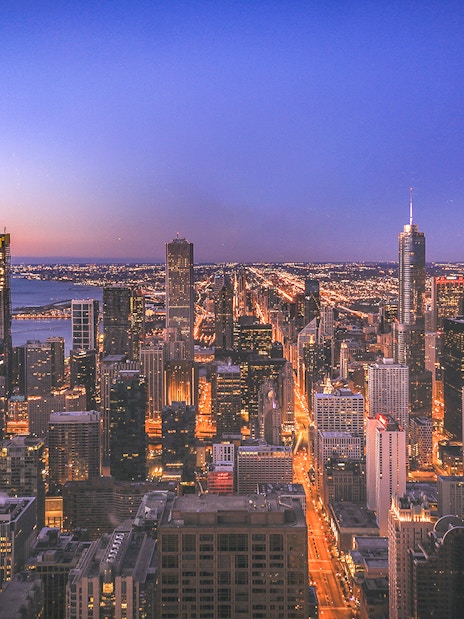 Chicago skyline at sunset from Willis Tower Skydeck.