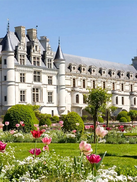 Château de Chenonceau with vibrant gardens, part of Loire Valley tour from Paris.