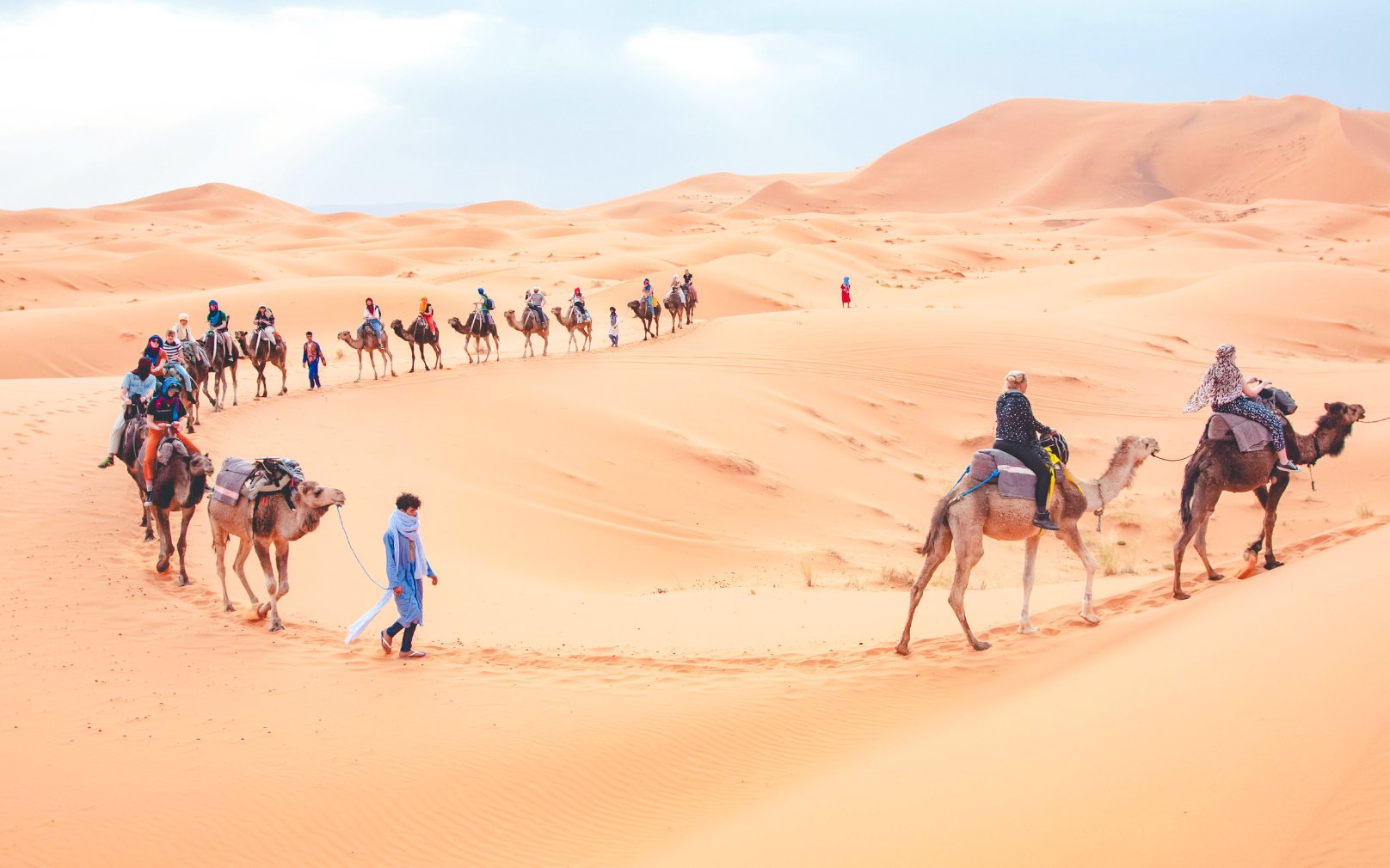Camel caravan trekking through Merzouga dunes, Morocco.