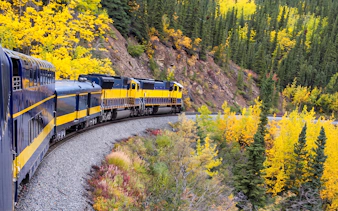Alaska Railroad train winding through autumn forest.