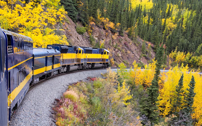 Alaska Railroad train winding through autumn forest.