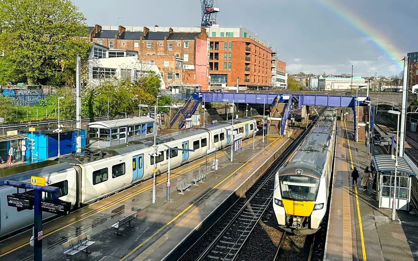 Aerial view of train platforms with trains at London St Pancras International station.