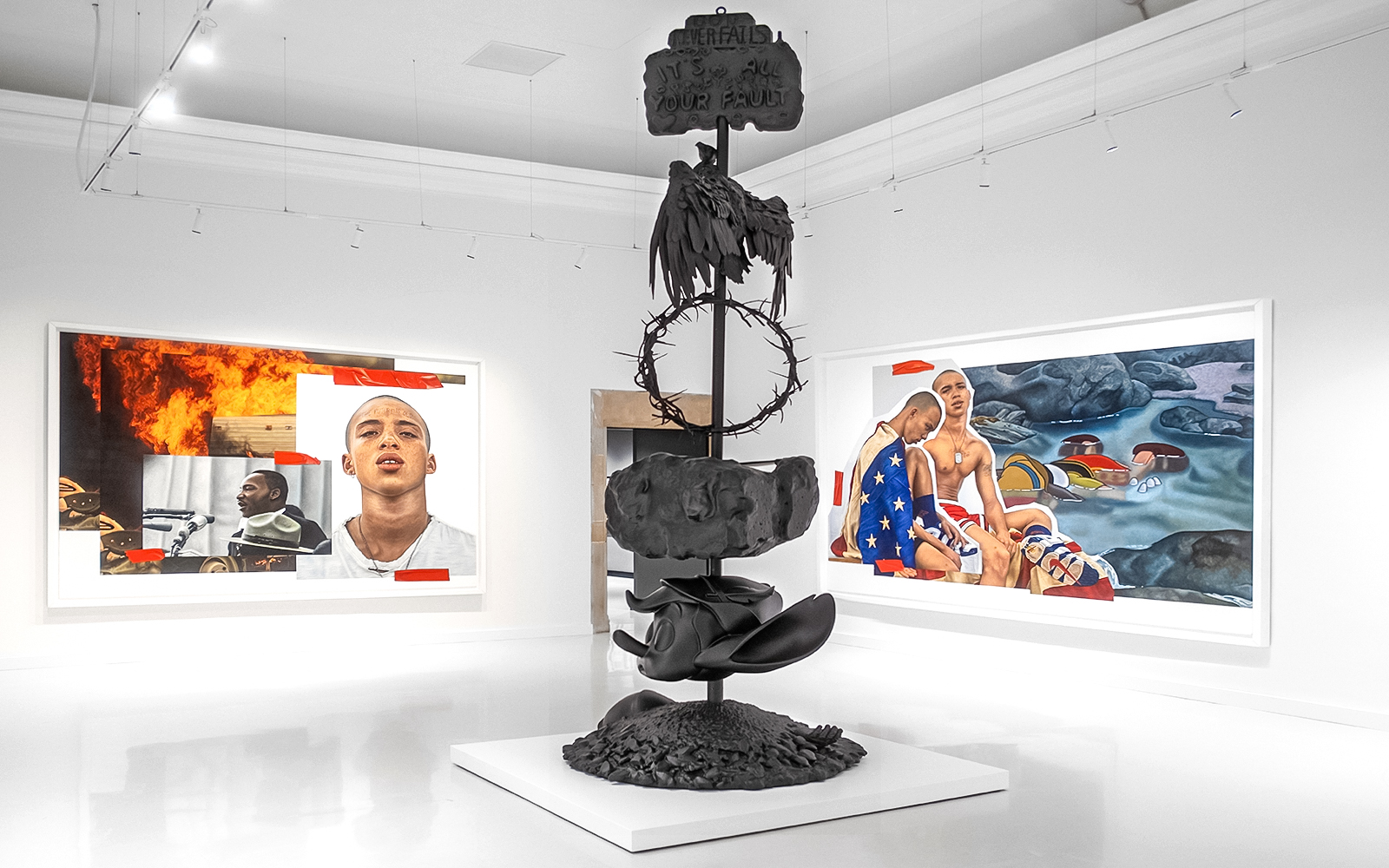 Modern art installation at Moco Museum Barcelona featuring sculptures and vibrant paintings.