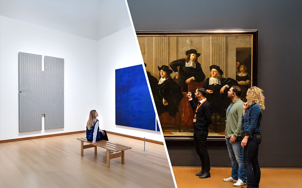 Exhibit view at Stedelijk Museum Amsterdam with visitors observing modern and classical art.