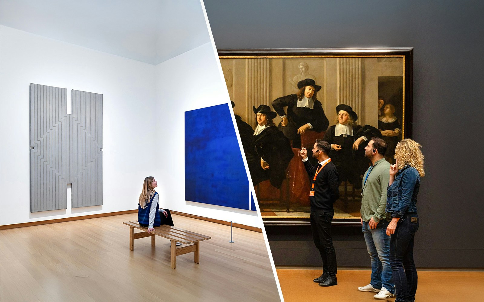 Exhibit view at Stedelijk Museum Amsterdam with visitors observing modern and classical art.