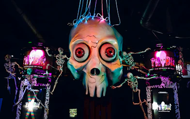 Giant skull and skeletons at Phobia exhibit, Science Centre Singapore.