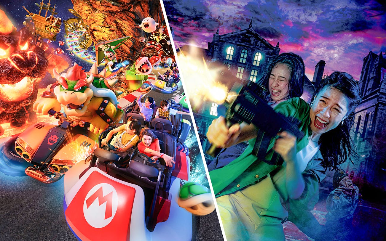 Universal Studios Japan ride with Mario characters and Halloween Horror Night scene.