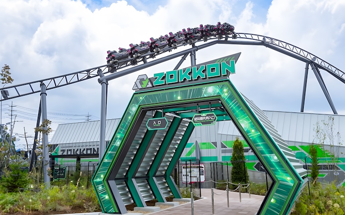 Roller coaster at FujiQ Highland with Zokkon entrance in Japan.