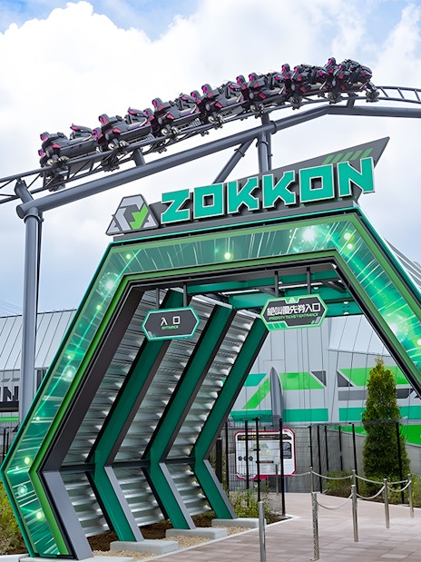Roller coaster at FujiQ Highland with Zokkon entrance in Japan.