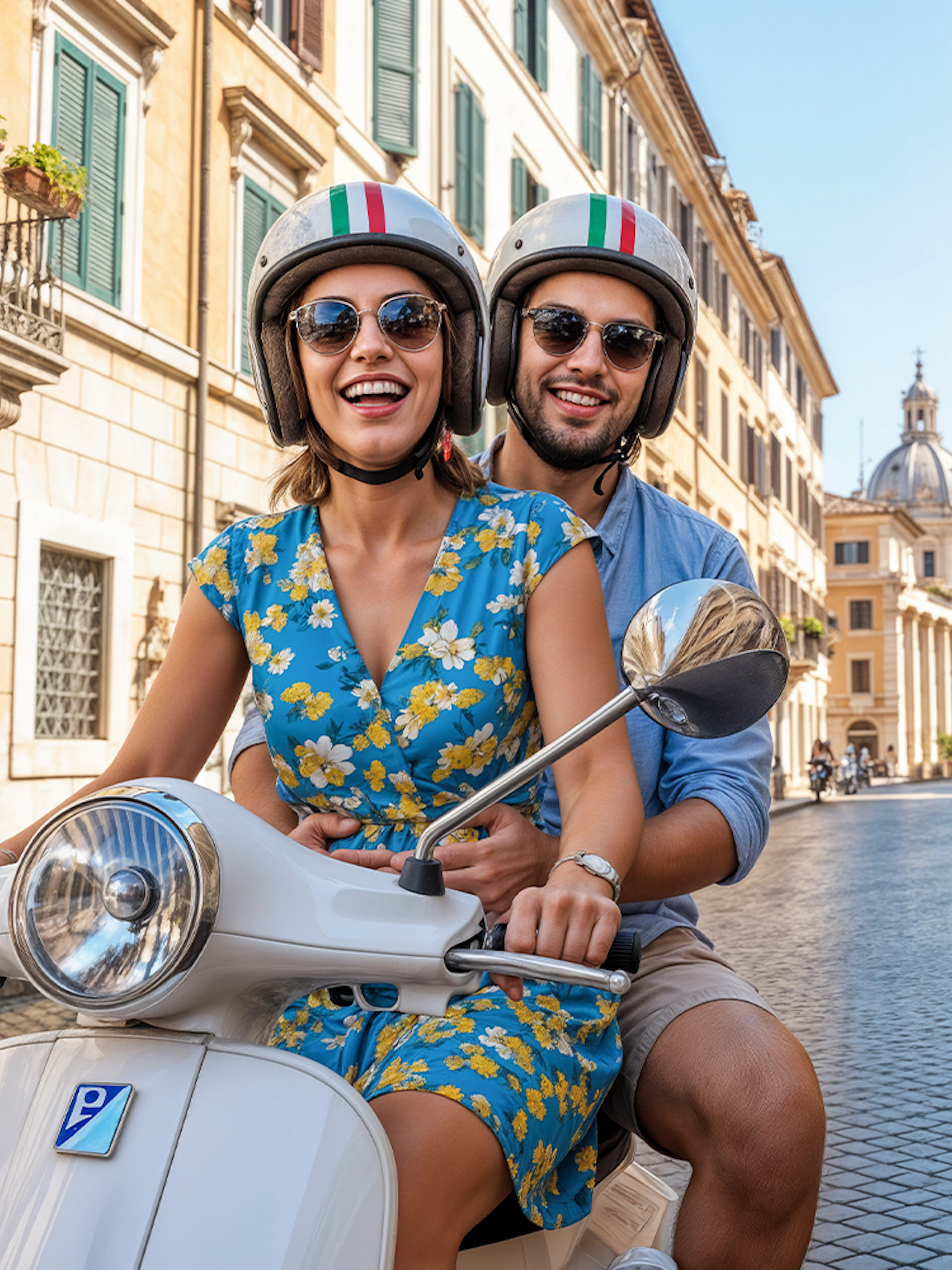 Couple riding a Vespa on a cobblestone street in central Rome with historic buildings.