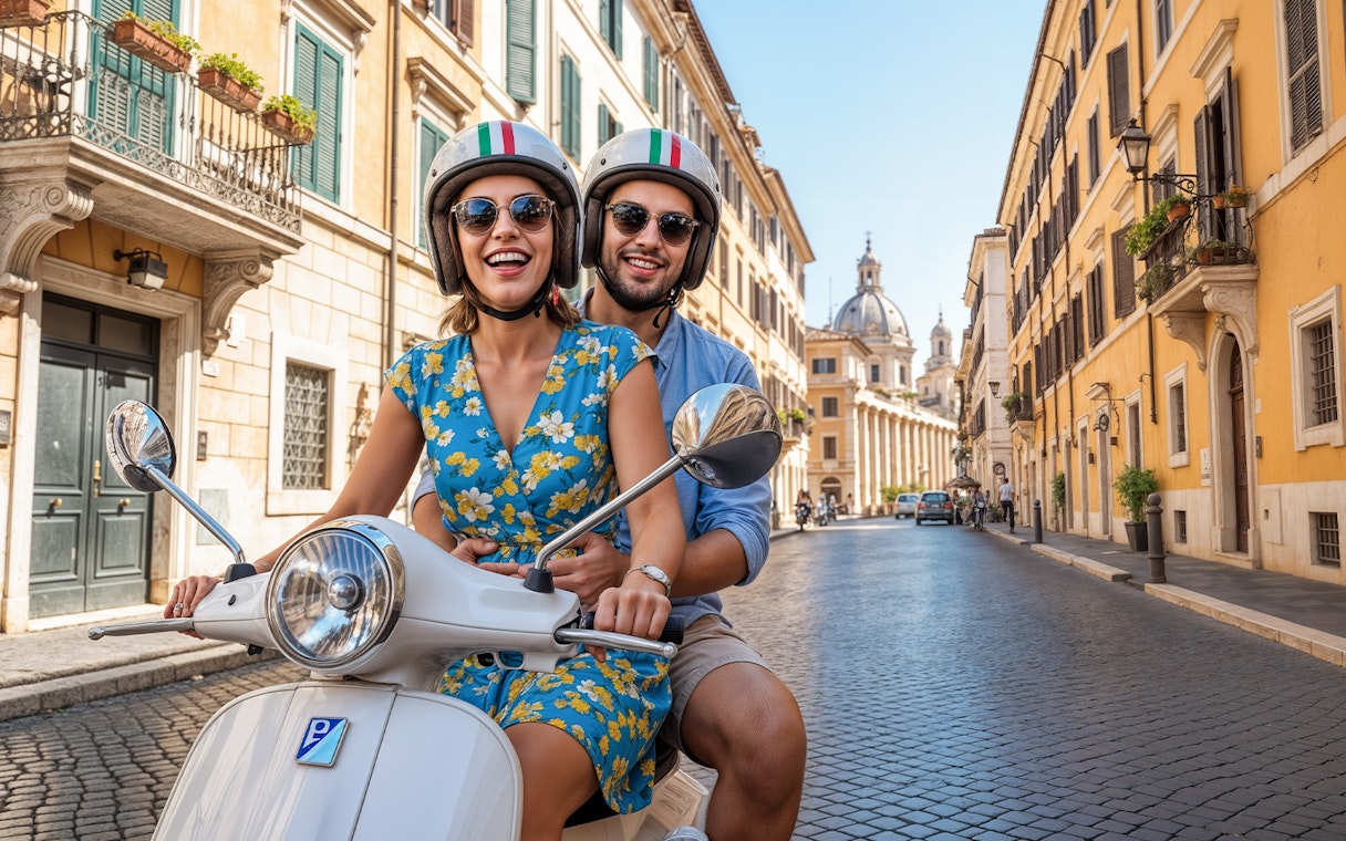 Couple riding a Vespa on a cobblestone street in central Rome with historic buildings.