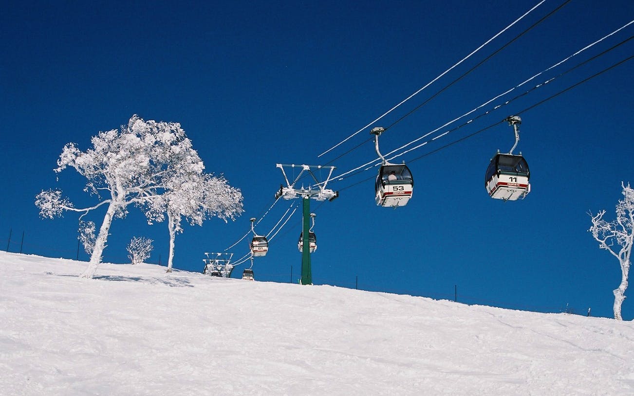 Ski lift ascending snowy slope in Niseko, Japan, with snow-covered trees and clear blue sky.