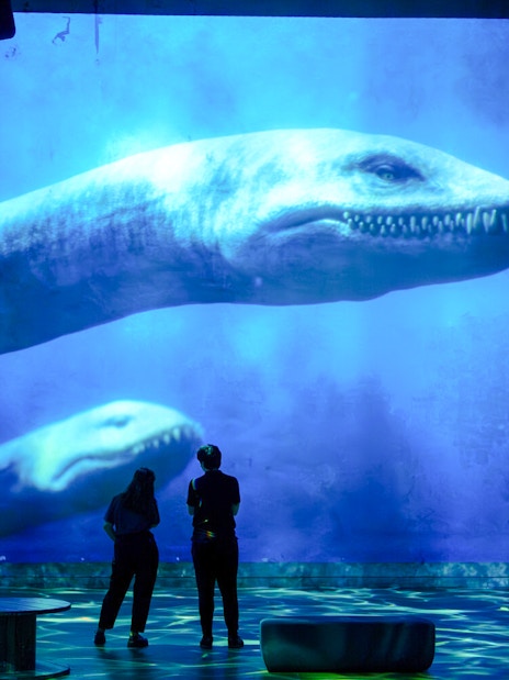 Visitors viewing dinosaur projection at Prehistoric Planet exhibition, Atelier des Lumières.