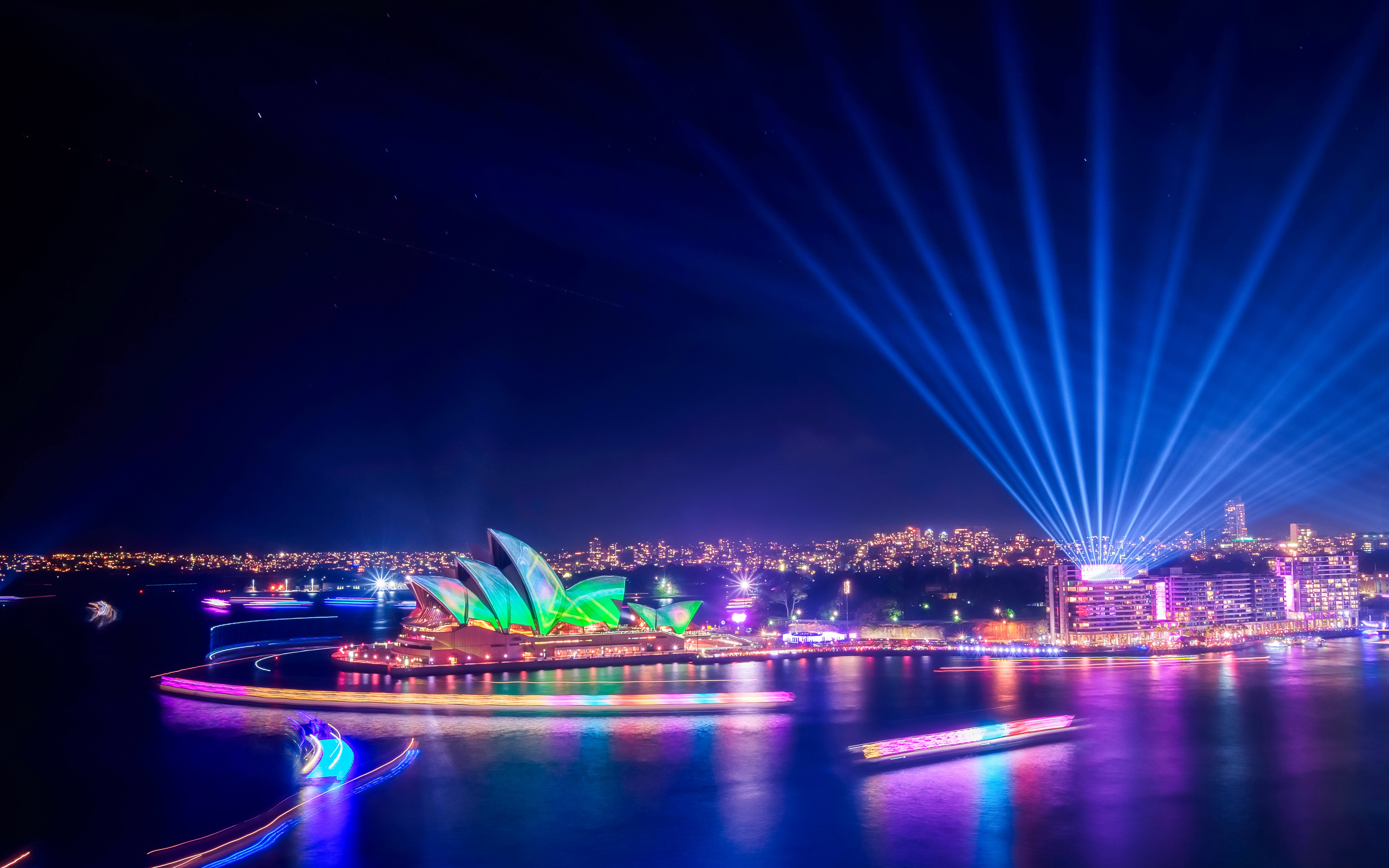 Sydney Opera House illuminated during Vivid Sydney from Pylon lookout.