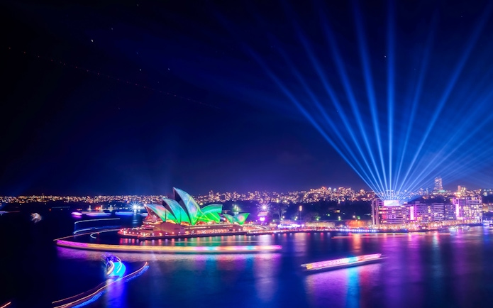 Sydney Opera House illuminated during Vivid Sydney from Pylon lookout.