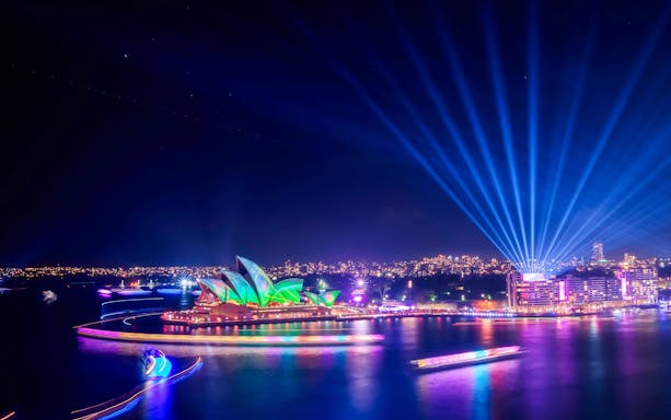 Sydney Opera House illuminated during Vivid Sydney from Pylon lookout.