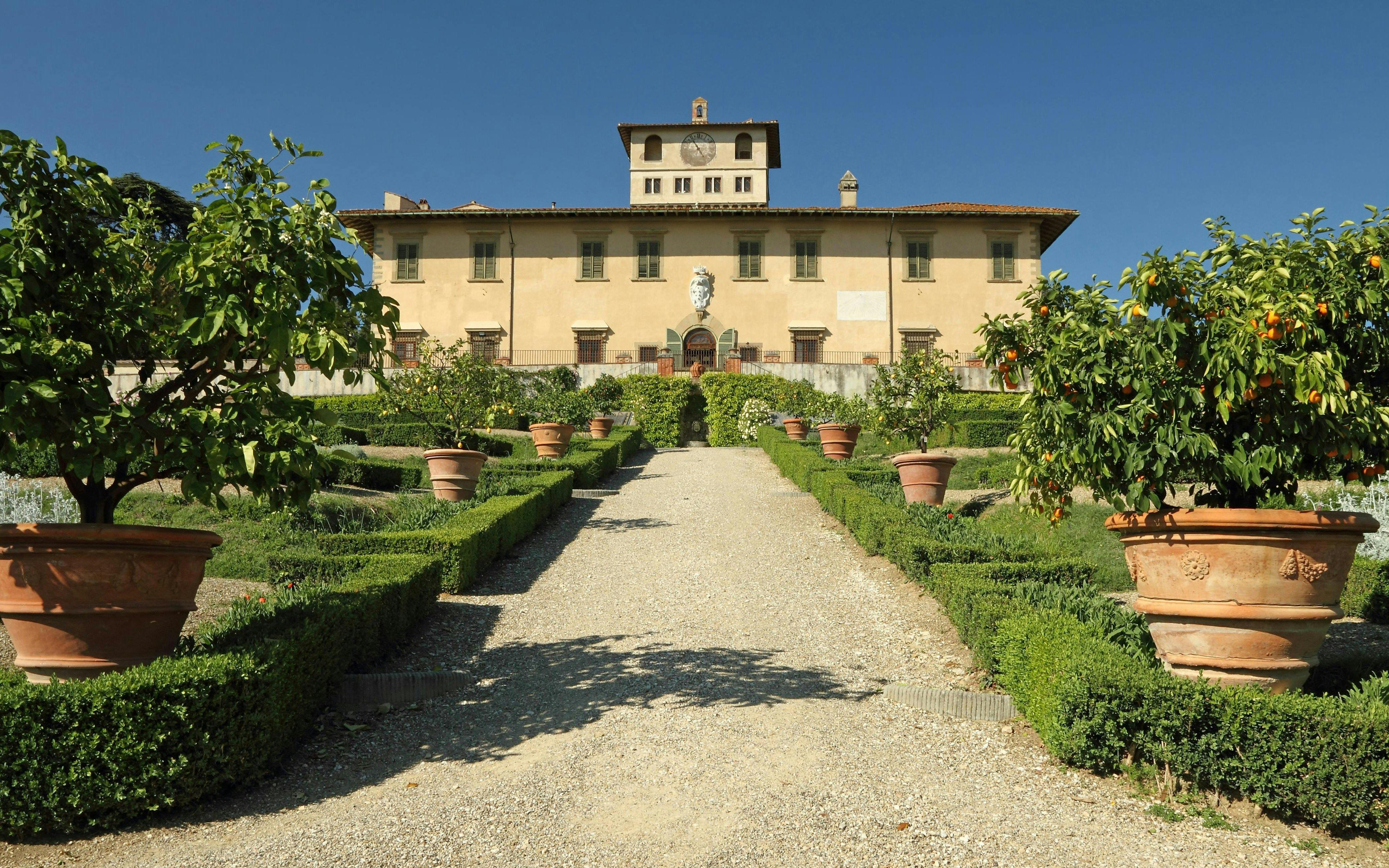 Villa Medici gardens with terracotta pots and manicured hedges in Rome, Italy.