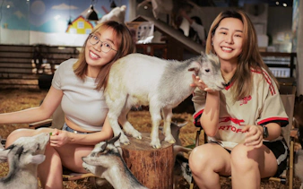 Two visitors interacting with goats at Just Farm Indoor Zoo Kuala Lumpur.