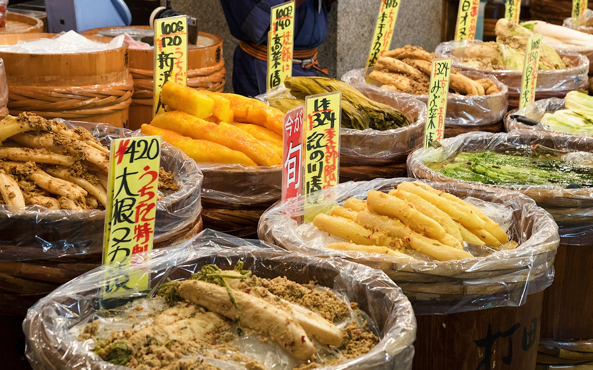 Assorted pickled vegetables at Nishiki Market in Kyoto.