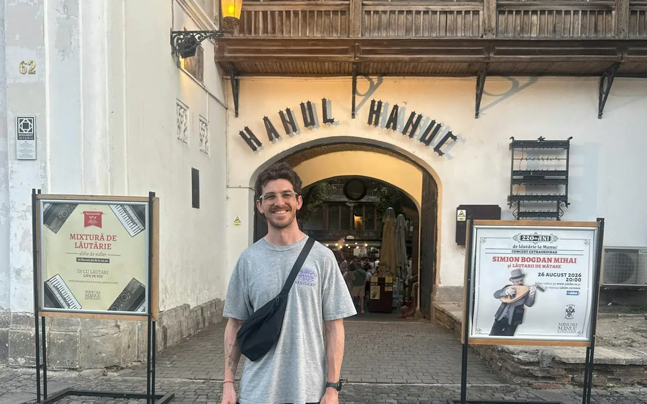 Hanul lui Manuc entrance in Bucharest, part of the self-guided city exploration game.