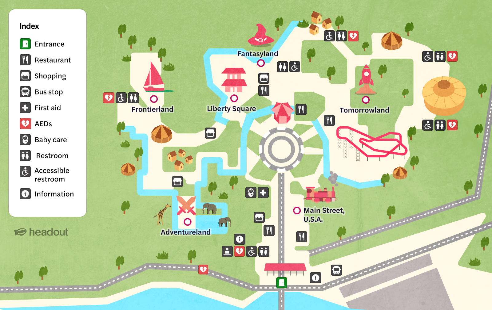Walt Disney World Orlando map highlighting Adventureland, Frontierland, Fantasyland, and Tomorrowland.