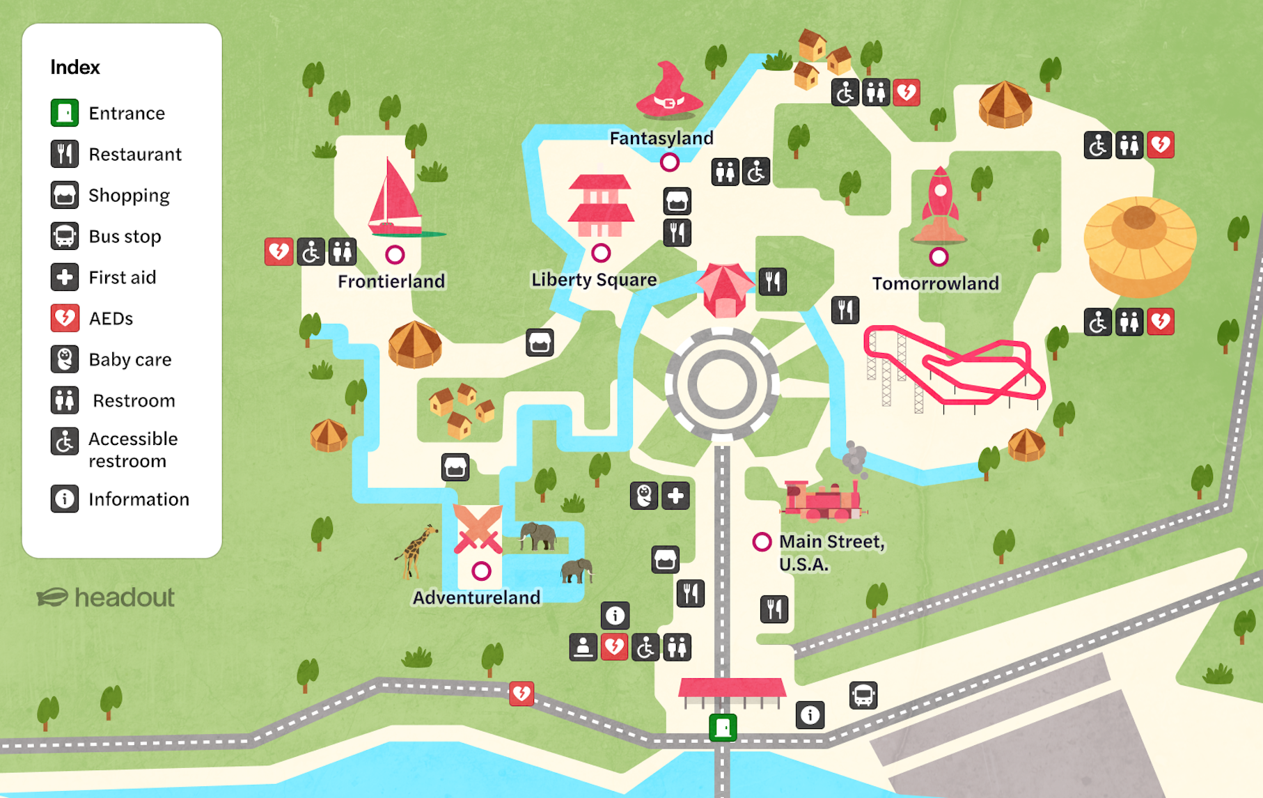 Walt Disney World Orlando map highlighting Adventureland, Frontierland, Fantasyland, and Tomorrowland.