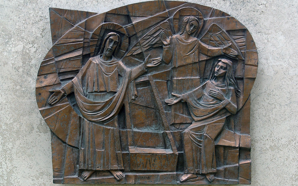 Risen Lord with Mary Magdalene relief, Way of Light, San Callisto Catacombs, Rome.