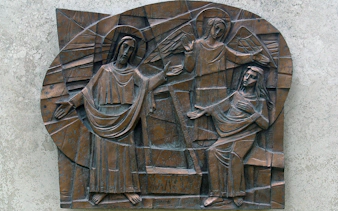 Risen Lord with Mary Magdalene relief, Way of Light, San Callisto Catacombs, Rome.