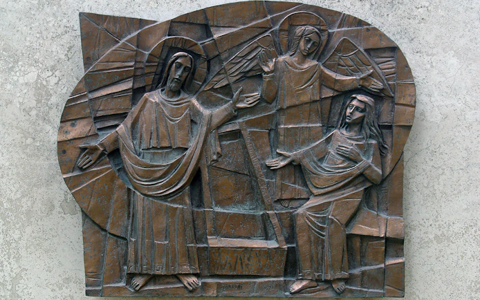 Risen Lord with Mary Magdalene relief, Way of Light, San Callisto Catacombs, Rome.