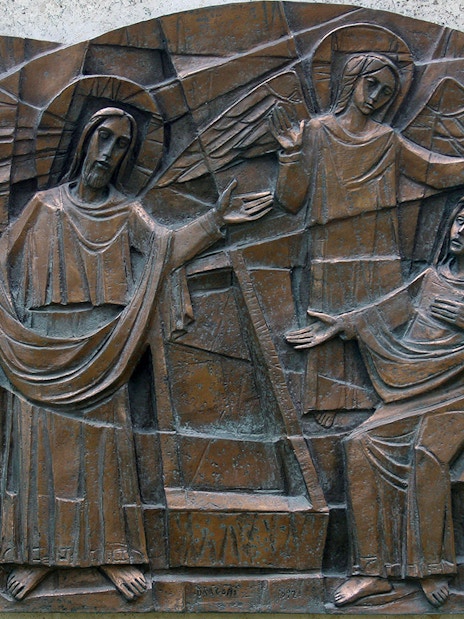 Risen Lord with Mary Magdalene relief, Way of Light, San Callisto Catacombs, Rome.