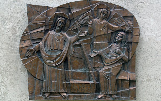 Risen Lord with Mary Magdalene relief, Way of Light, San Callisto Catacombs, Rome.