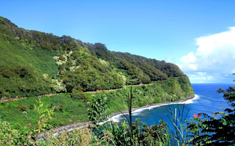 Road to Hana coastal view with lush greenery and ocean, Haiku, Maui, Hawaii.