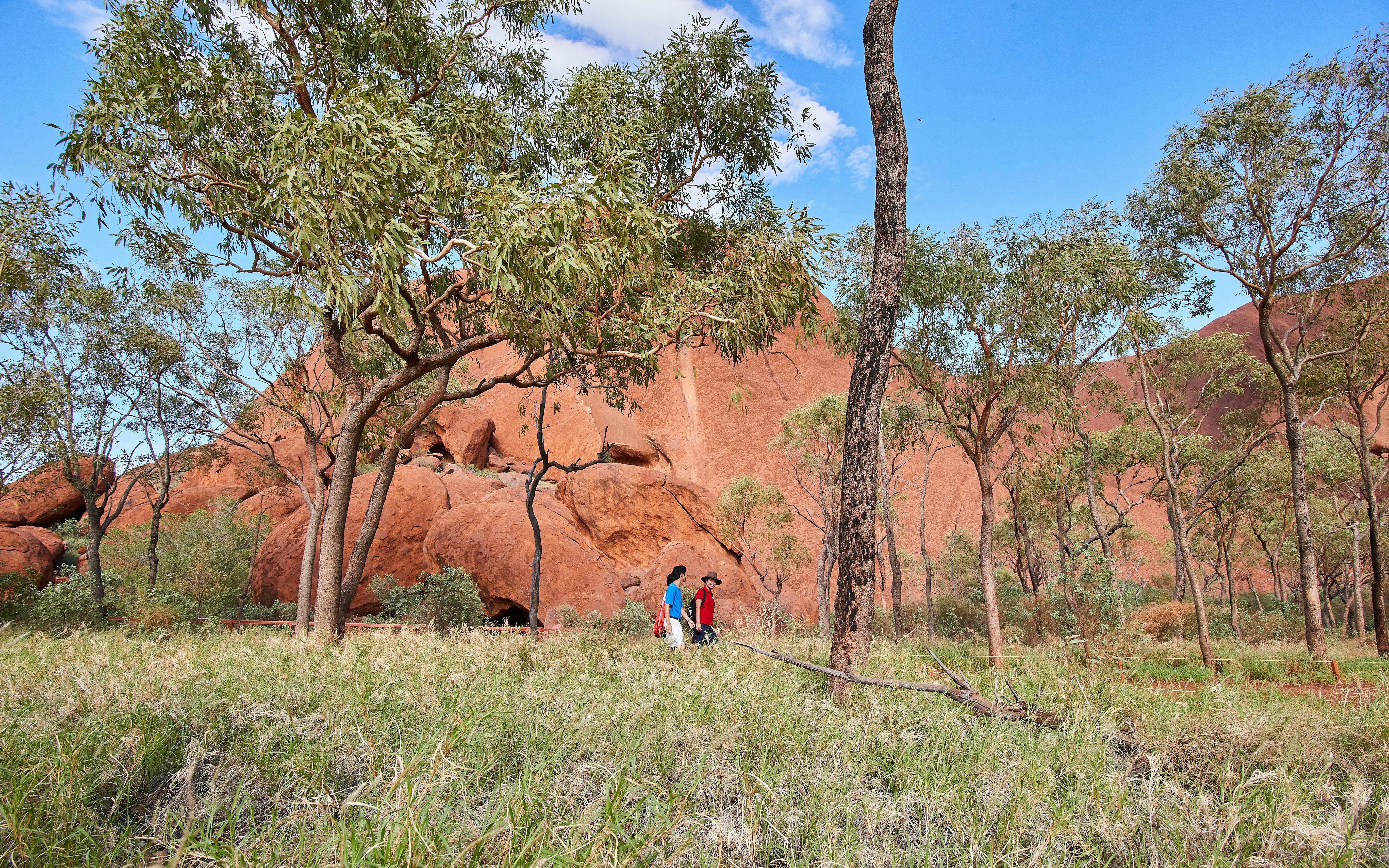 Walking tour at Uluru with visitors exploring the landscape during sunrise.