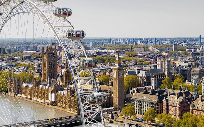 London Eye overlooking Big Ben and the Houses of Parliament, view from Thames River.
