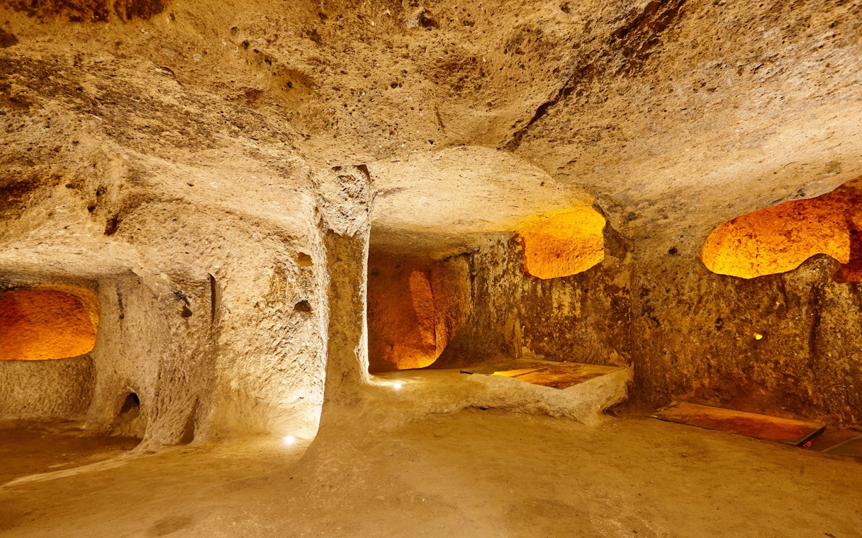 Passage interior in ancient underground city of Kaymakli, Cappadocia, Turkey.